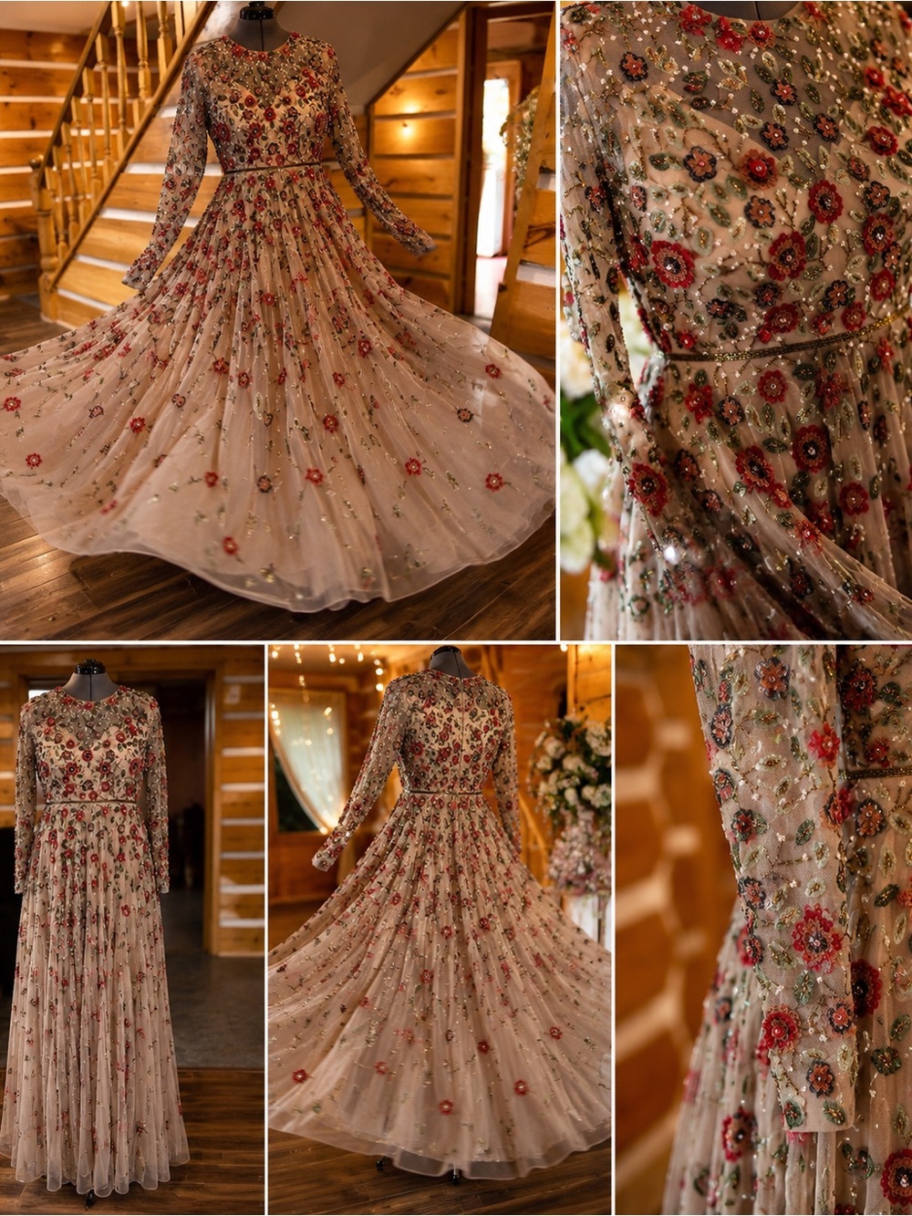 Hand-Embroidered Floral Long Sleeve Maxi Dress - Beige with Red Accents